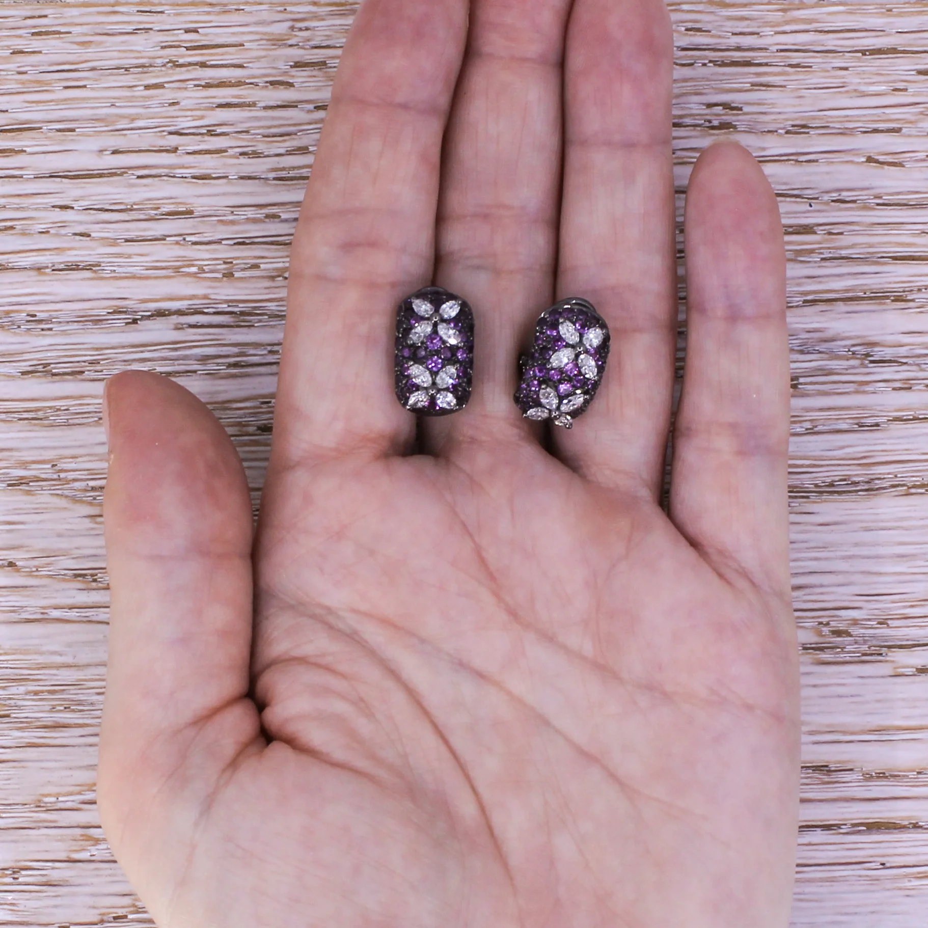 Modern Marquise Cut Diamond & Pink Sapphire Earrings, 18k Gold - Image 8