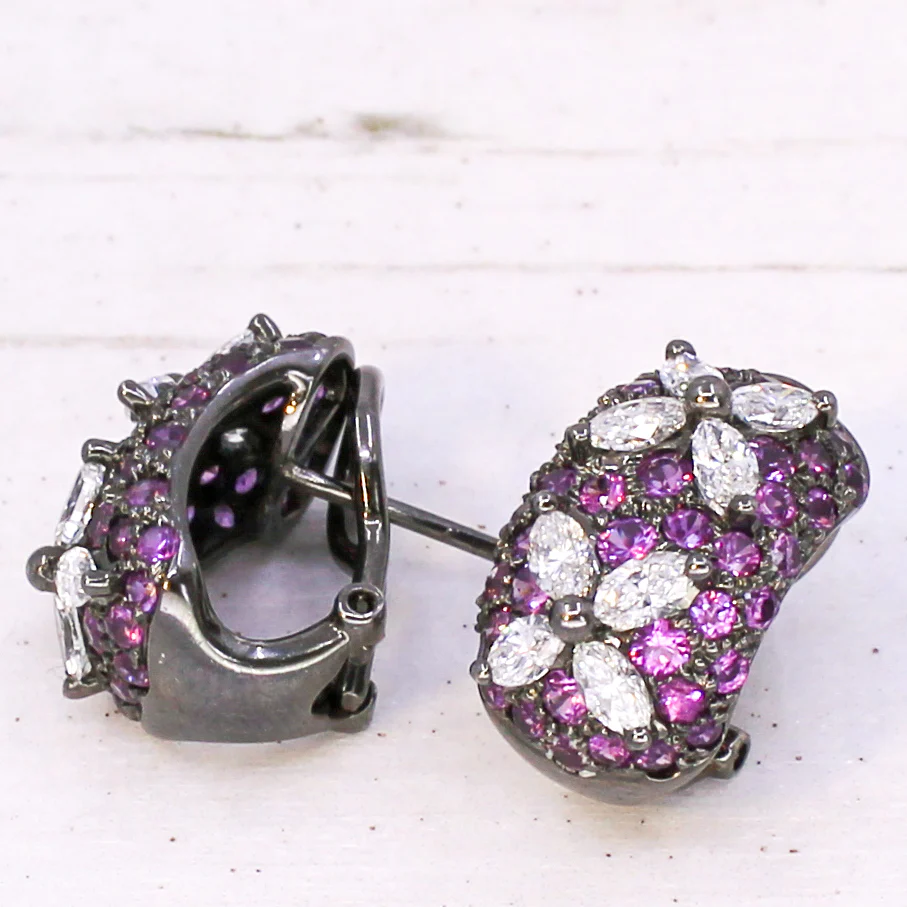 Modern Marquise Cut Diamond & Pink Sapphire Earrings, 18k Gold - Image 9
