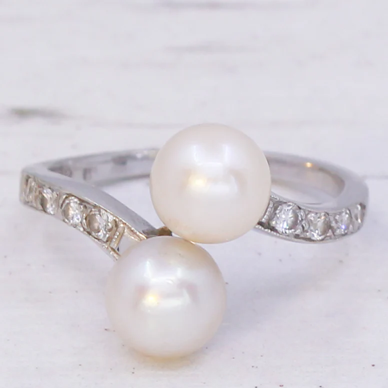 Modern Two Pearl Crossover Ring, 14k White Gold - Image 3