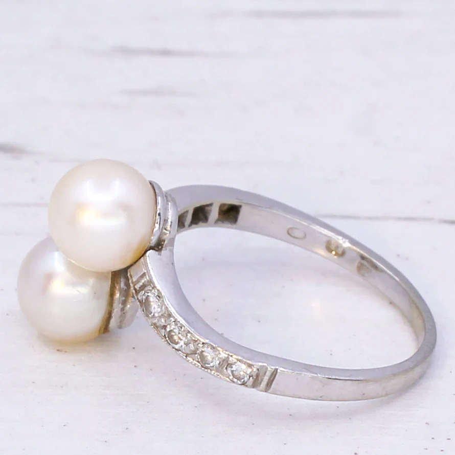 Modern Two Pearl Crossover Ring, 14k White Gold - Image 4