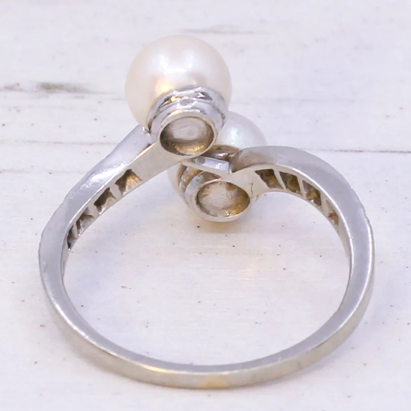 Modern Two Pearl Crossover Ring, 14k White Gold - Image 5