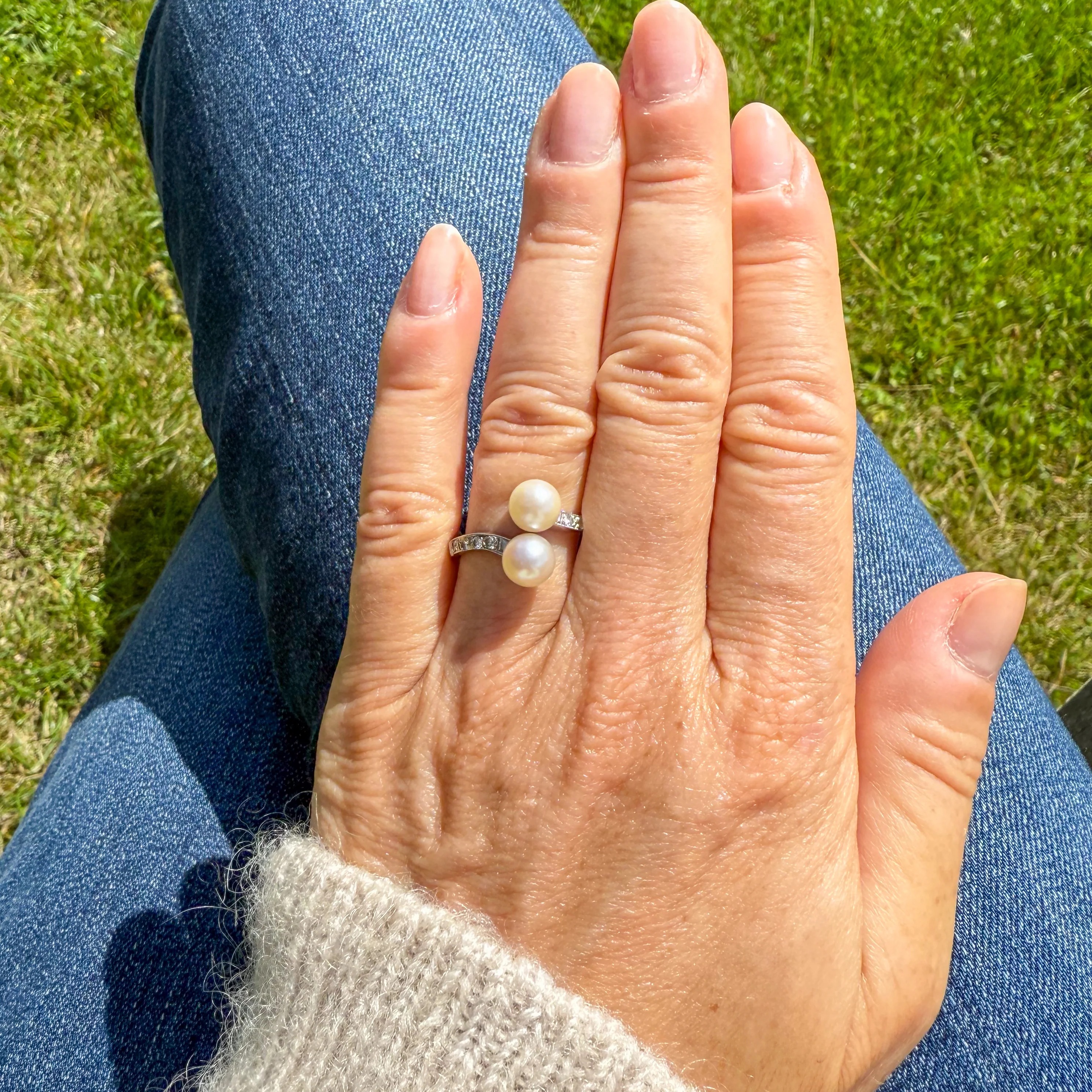 Modern Two Pearl Crossover Ring, 14k White Gold - Image 6