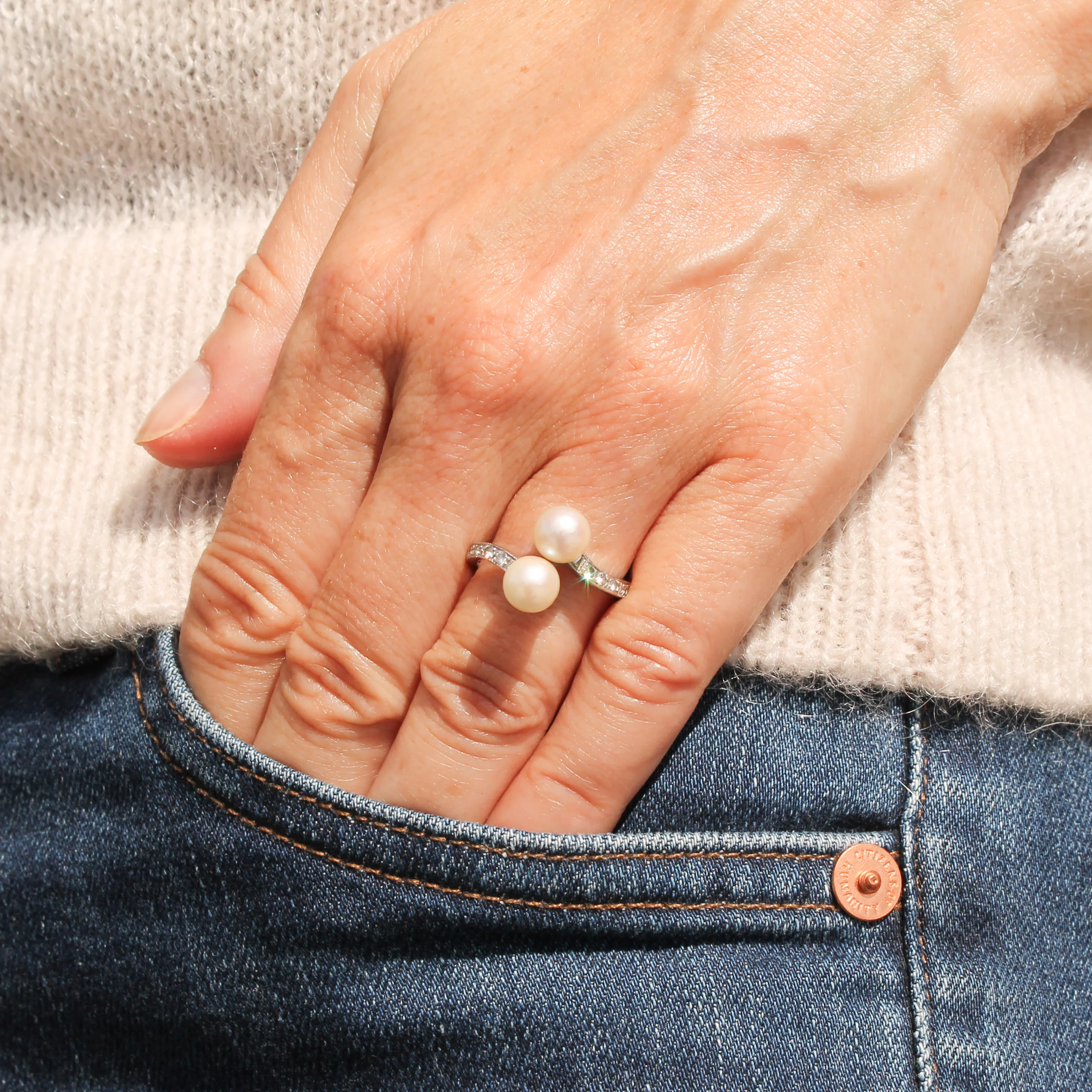 Modern Two Pearl Crossover Ring, 14k White Gold - Image 7