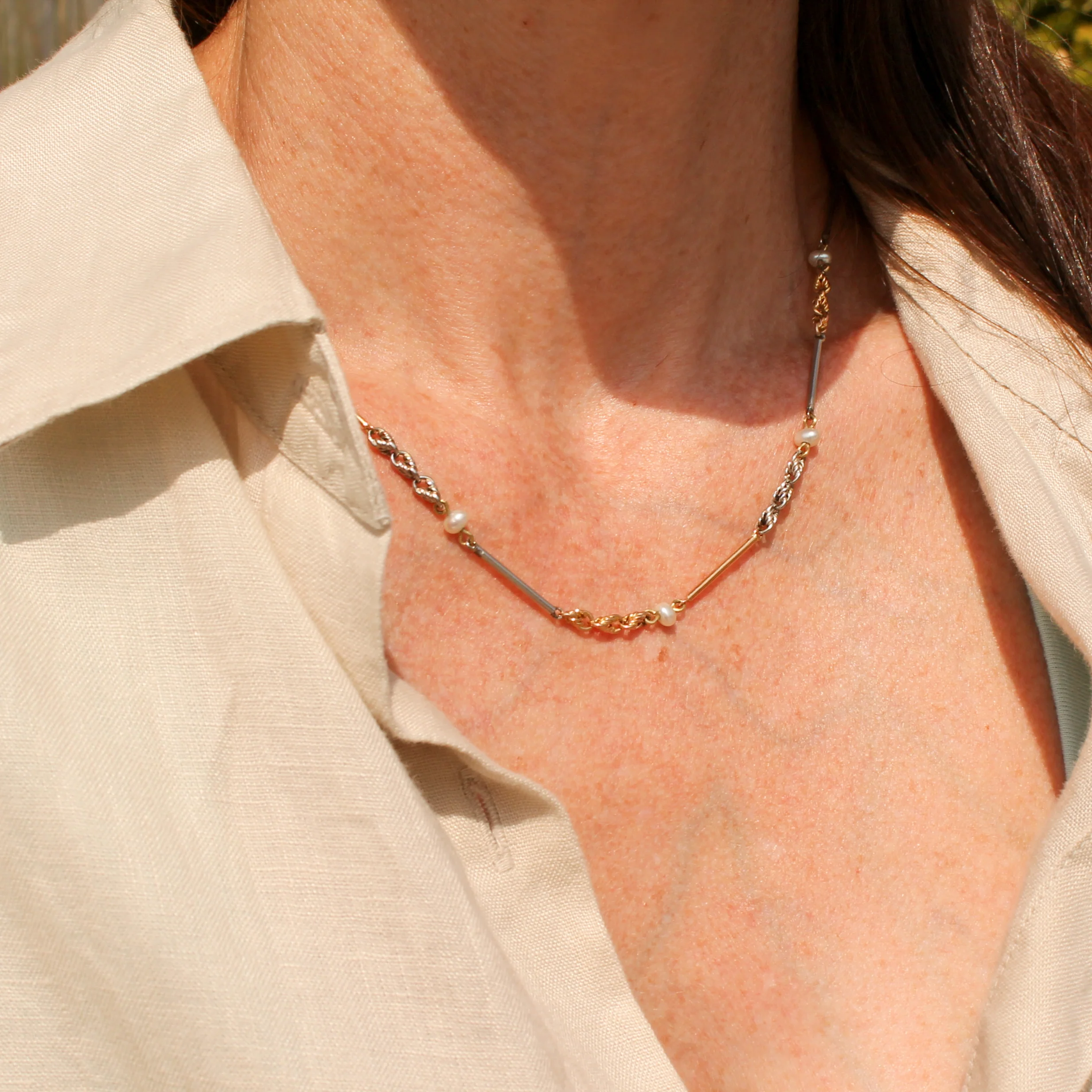 Natural Seed Pearl Chain Necklace in 18k Yellow Gold & Platinum, circa 1960 - Image 3