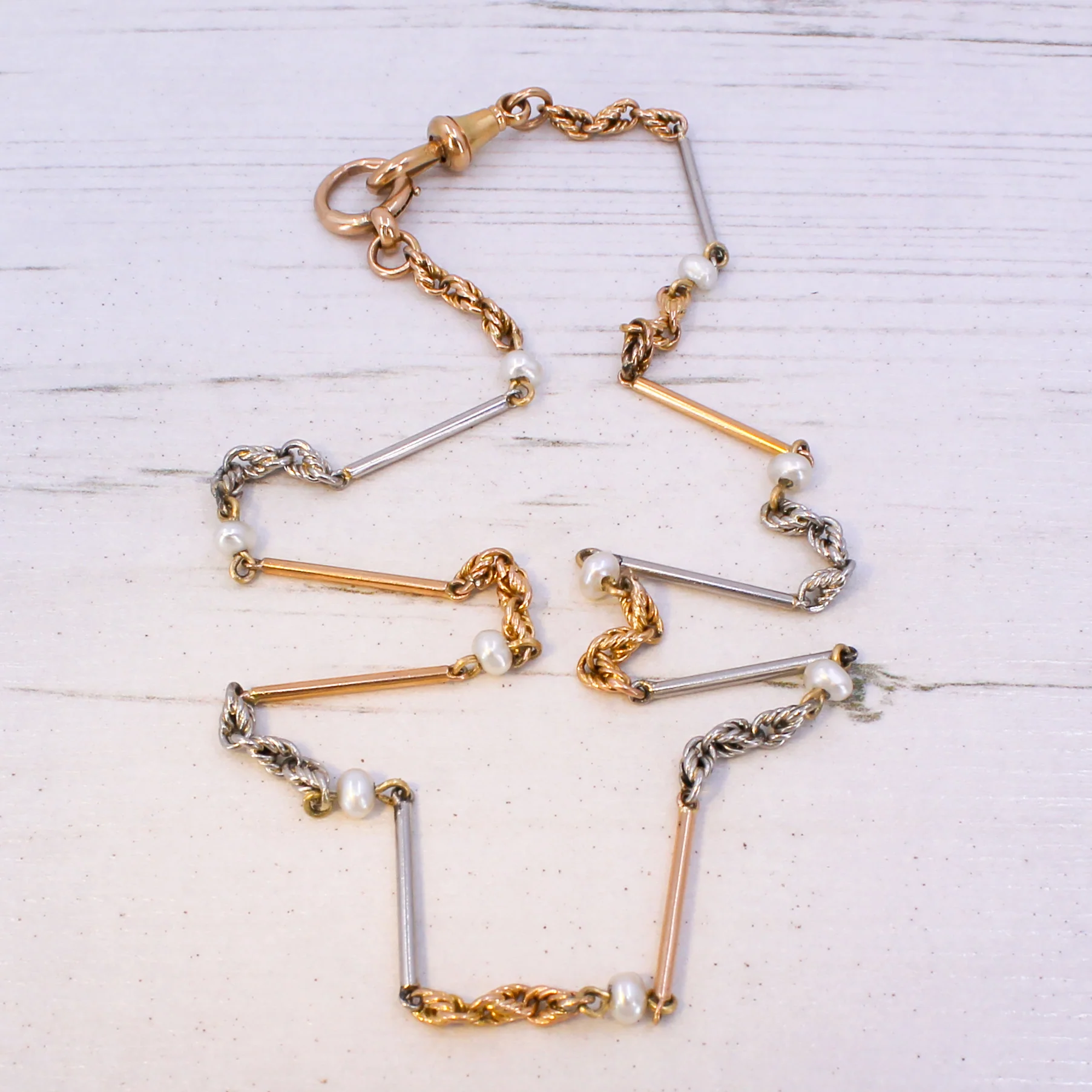Natural Seed Pearl Chain Necklace in 18k Yellow Gold & Platinum, circa 1960 - Image 7