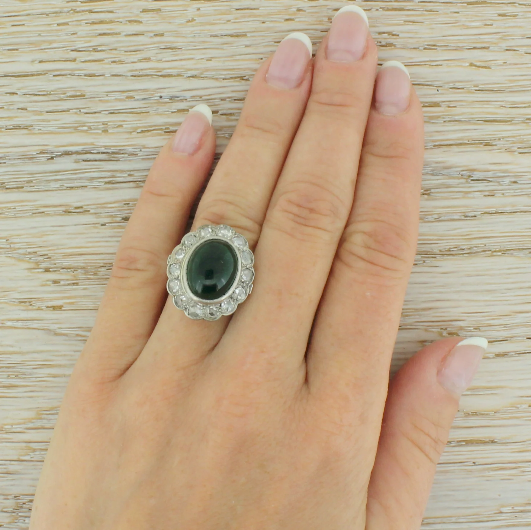 Retro 7.61 Carat Cabochon Emerald & Rose Cut Diamond Cluster Ring, circa 1955 - Image 6