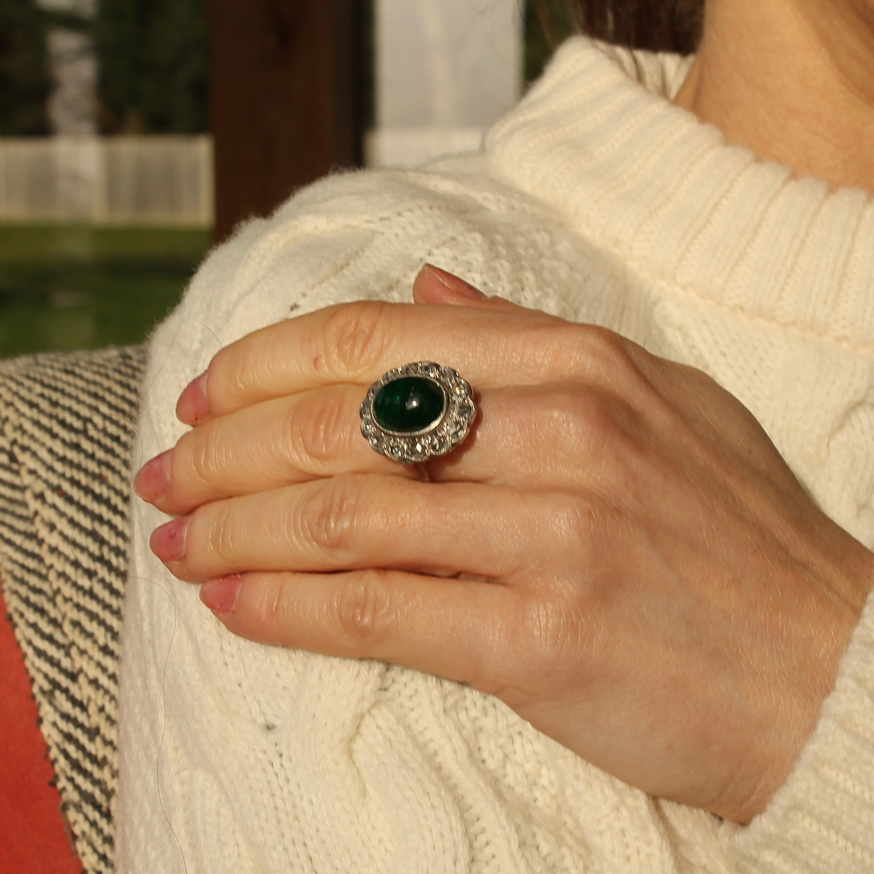 Retro 7.61 Carat Cabochon Emerald & Rose Cut Diamond Cluster Ring, circa 1955 - Image 8