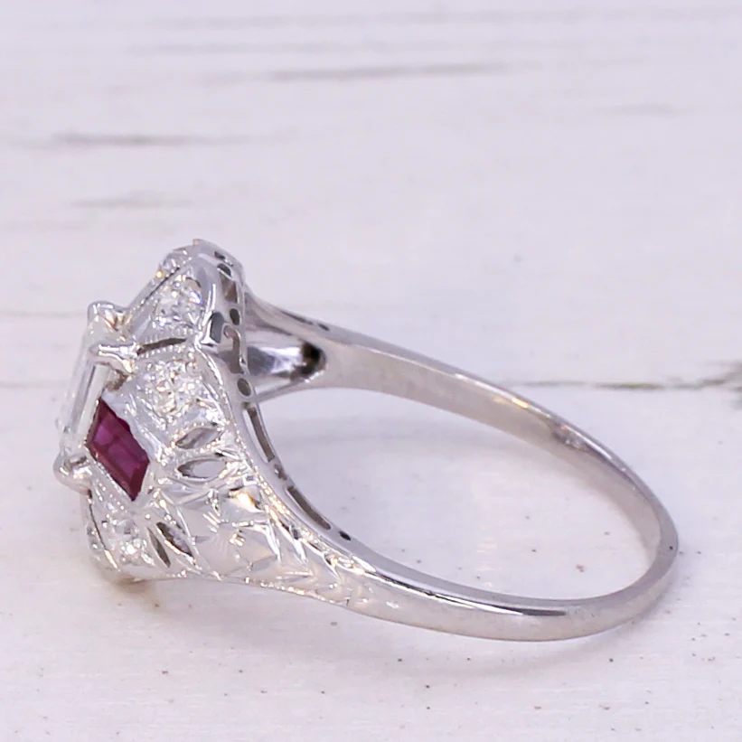 Retro Emerald Cut Diamond & Ruby Ring, circa 1950 - Image 4