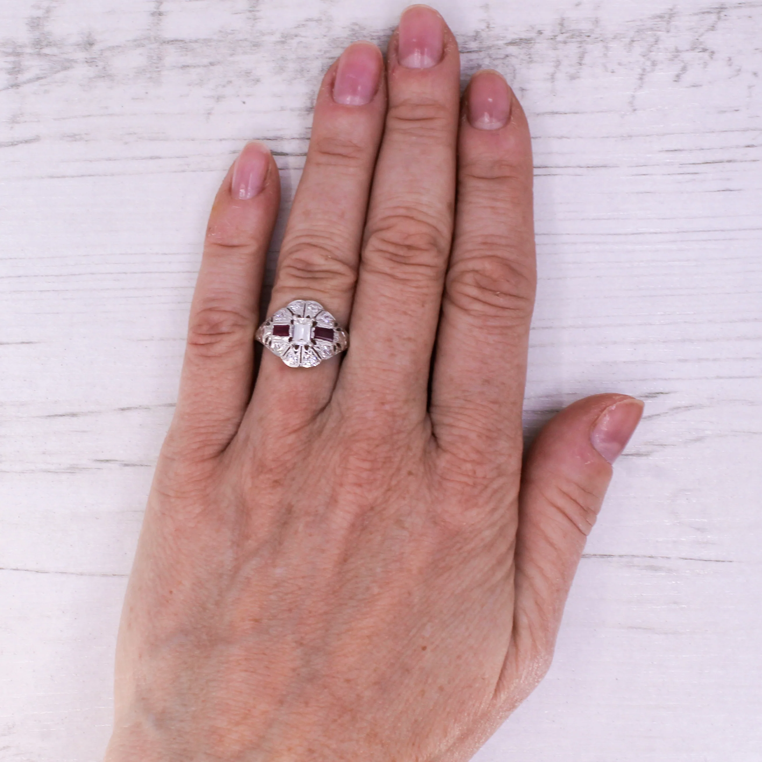 Retro Emerald Cut Diamond & Ruby Ring, circa 1950 - Image 7