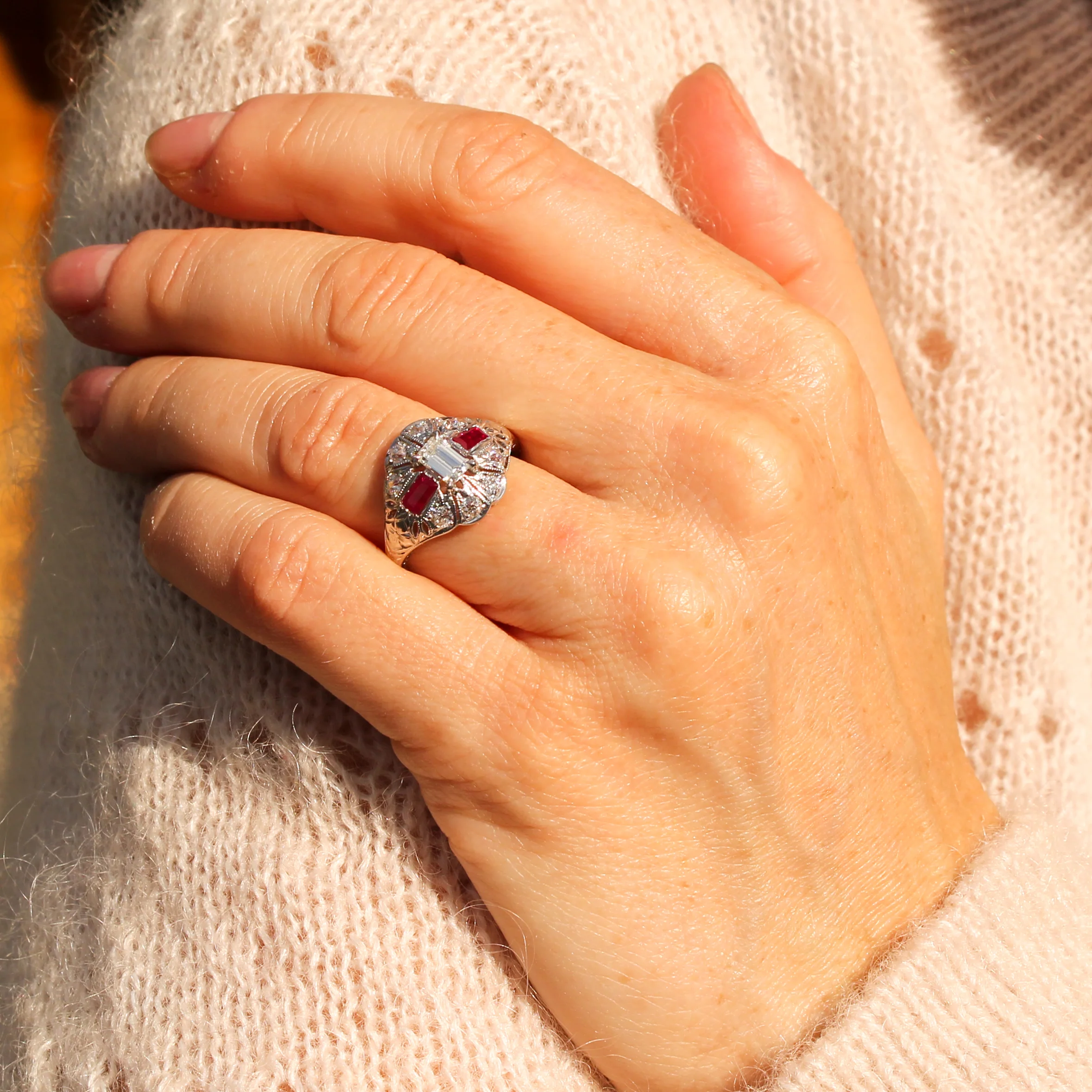 Retro Emerald Cut Diamond & Ruby Ring, circa 1950 - Image 8