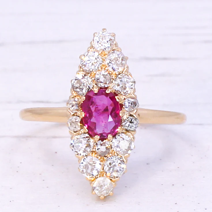 Victorian 0.84 Carat Burmese Ruby & Diamond Navette Ring, circa 1890 - Image 3