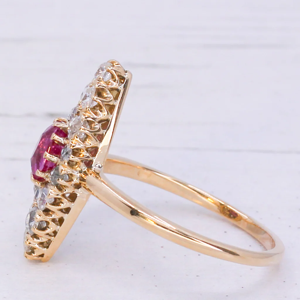 Victorian 0.84 Carat Burmese Ruby & Diamond Navette Ring, circa 1890 - Image 4
