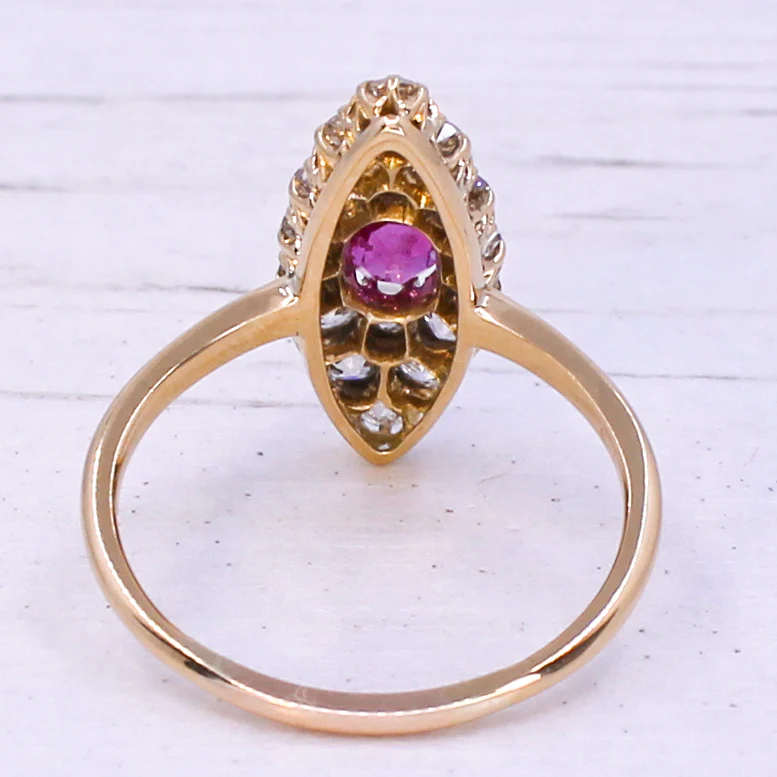 Victorian 0.84 Carat Burmese Ruby & Diamond Navette Ring, circa 1890 - Image 5