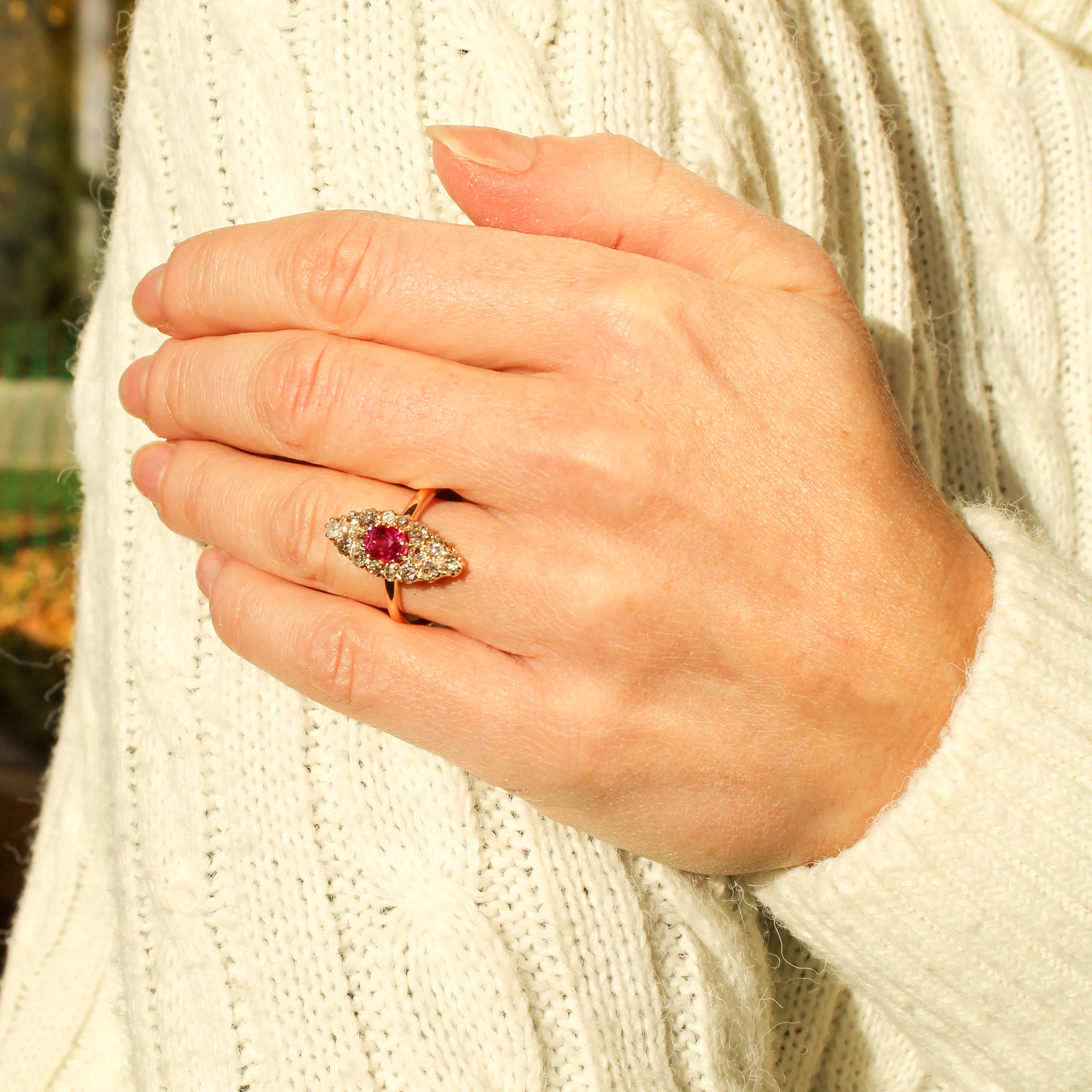 Victorian 0.84 Carat Burmese Ruby & Diamond Navette Ring, circa 1890 - Image 6