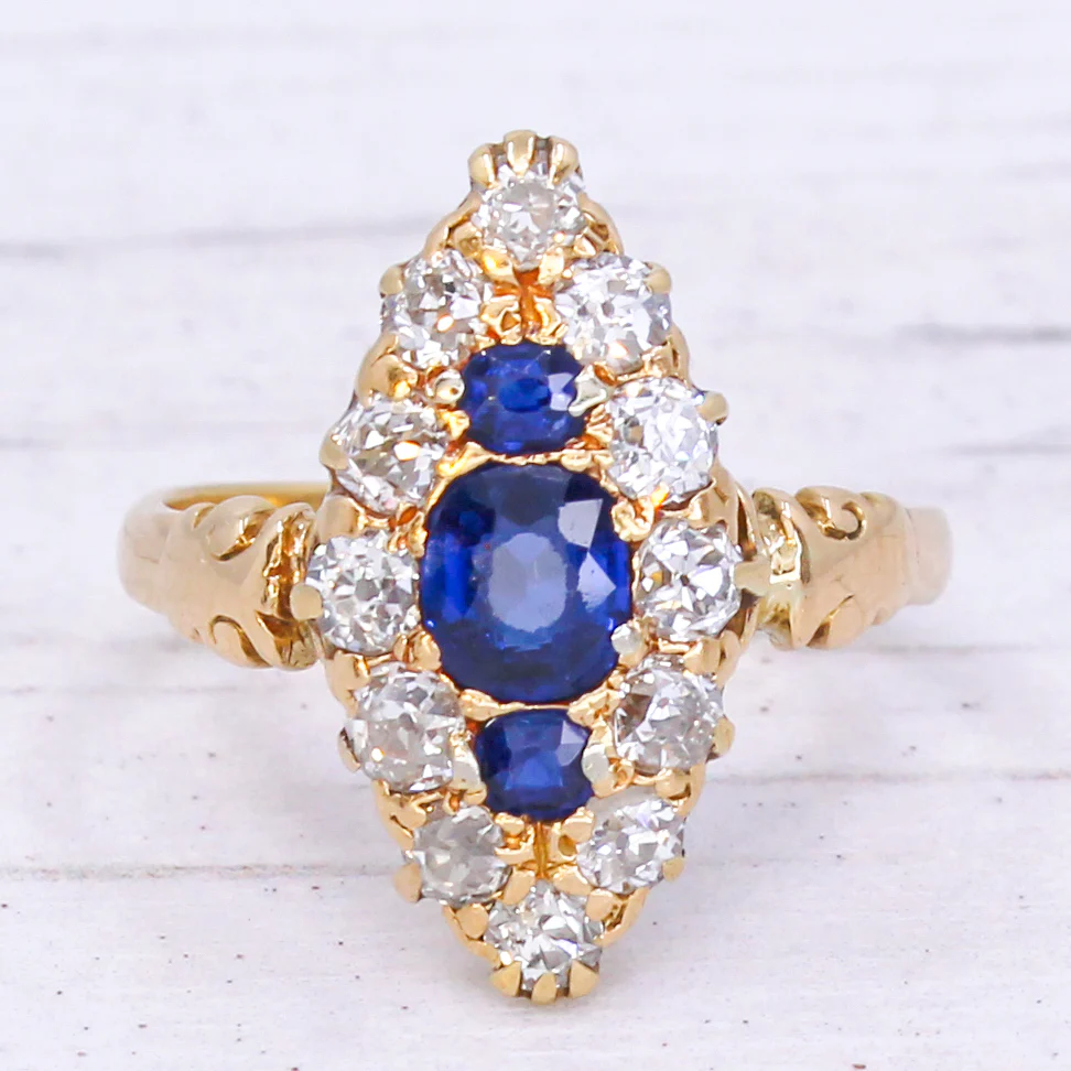 Victorian Natural Sapphire & Old Cut Diamond Marquise Cluster Ring, circa 1900 - Image 3