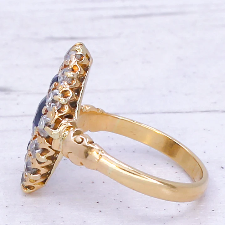 Victorian Natural Sapphire & Old Cut Diamond Marquise Cluster Ring, circa 1900 - Image 4