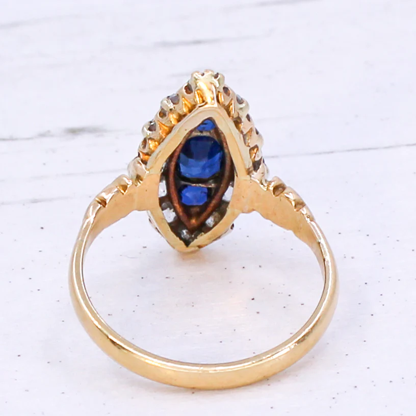 Victorian Natural Sapphire & Old Cut Diamond Marquise Cluster Ring, circa 1900 - Image 5