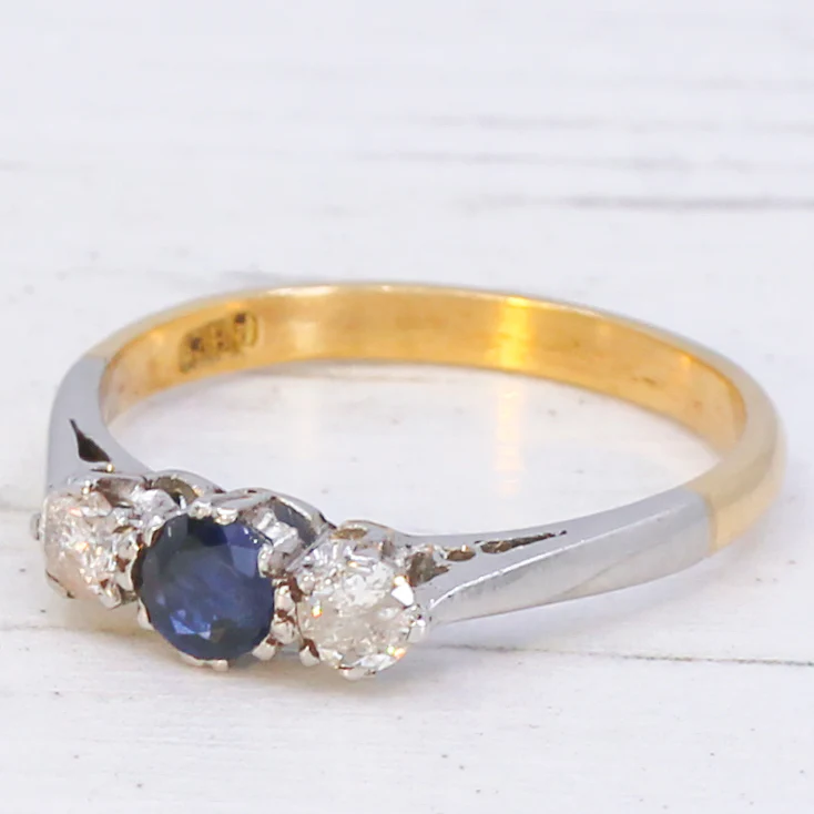 Vintage 0.20 Carat Sapphire & 0.20 Carat Diamond Three Stone Ring, circa 1950