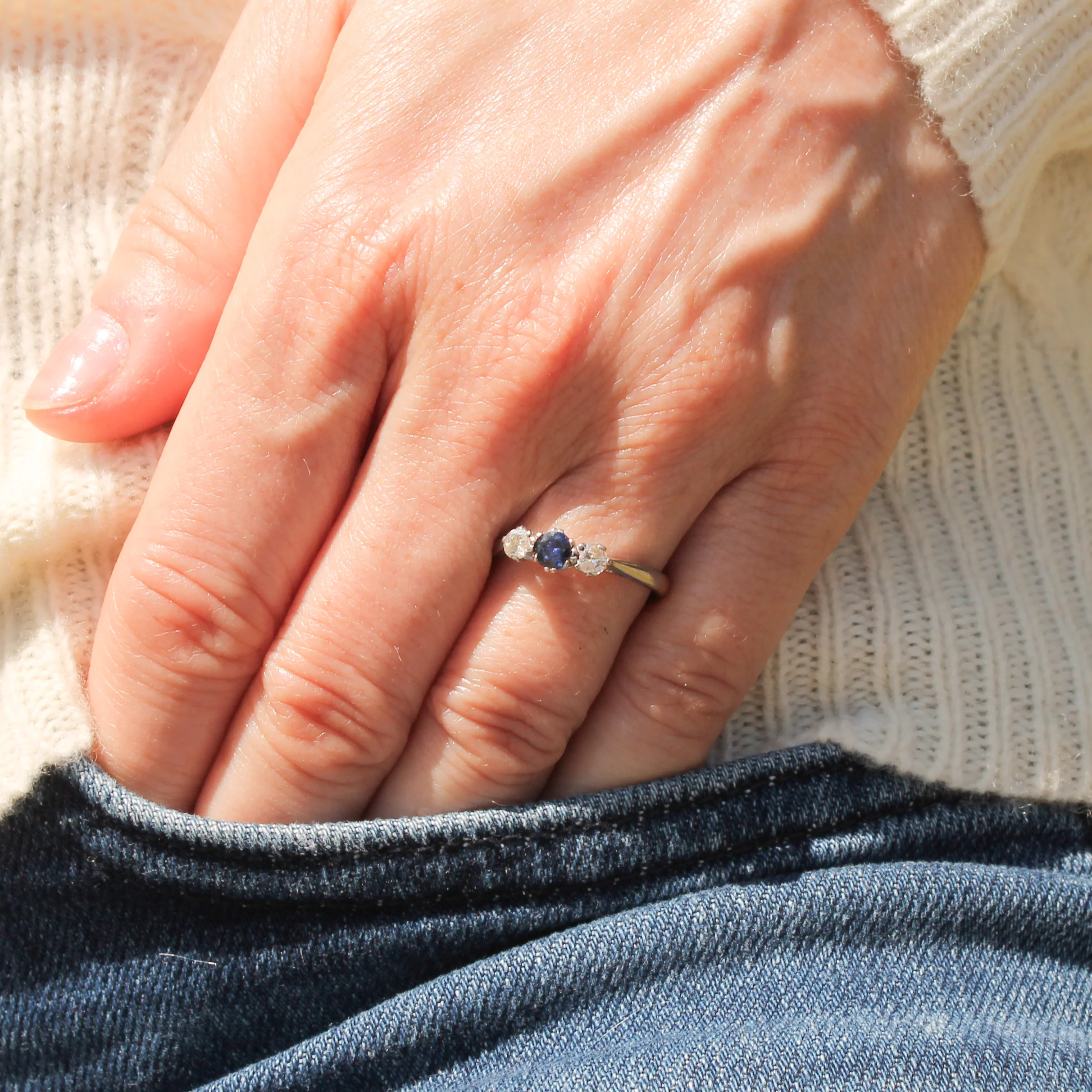 Vintage 0.20 Carat Sapphire & 0.20 Carat Diamond Three Stone Ring, circa 1950 - Image 2