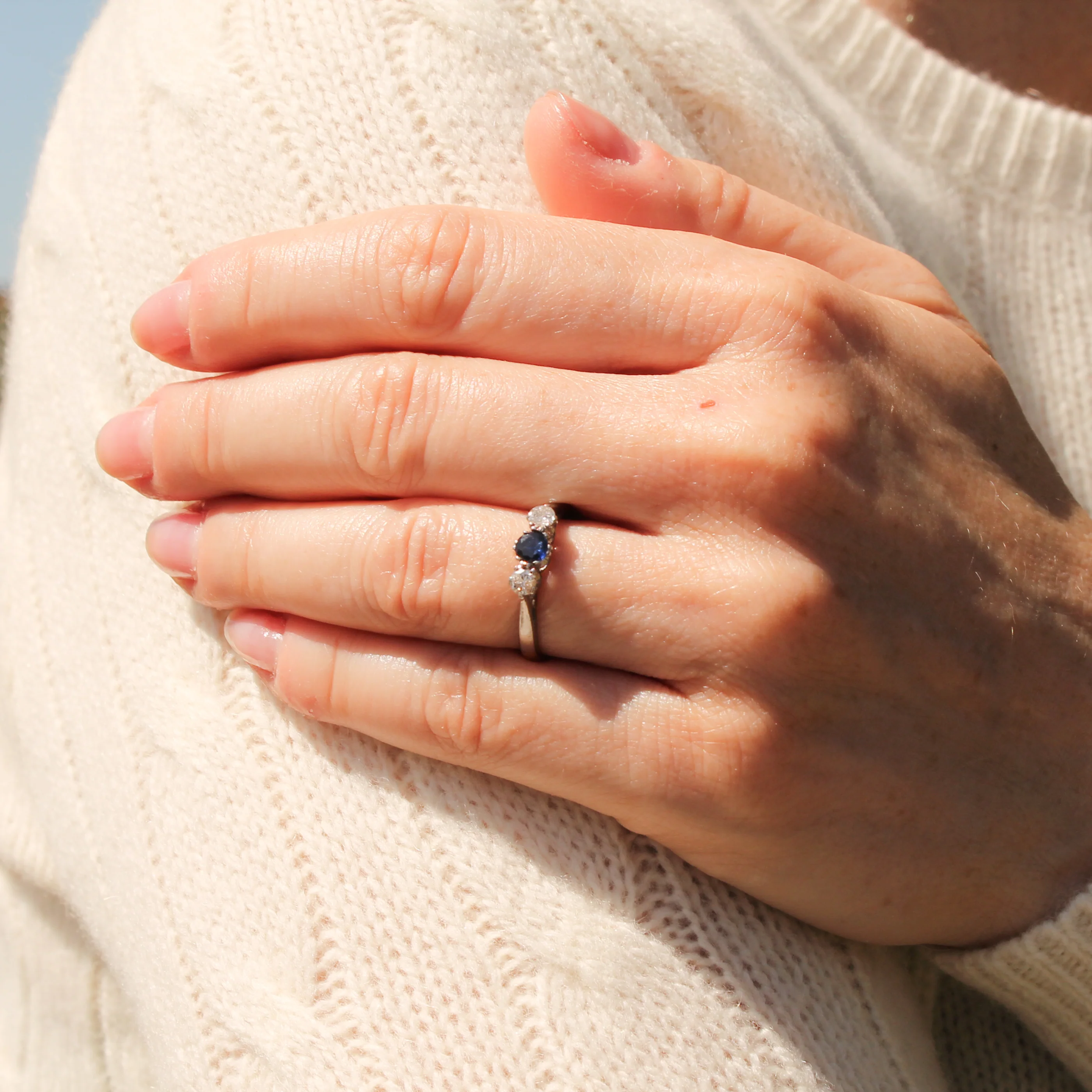 Vintage 0.20 Carat Sapphire & 0.20 Carat Diamond Three Stone Ring, circa 1950 - Image 7