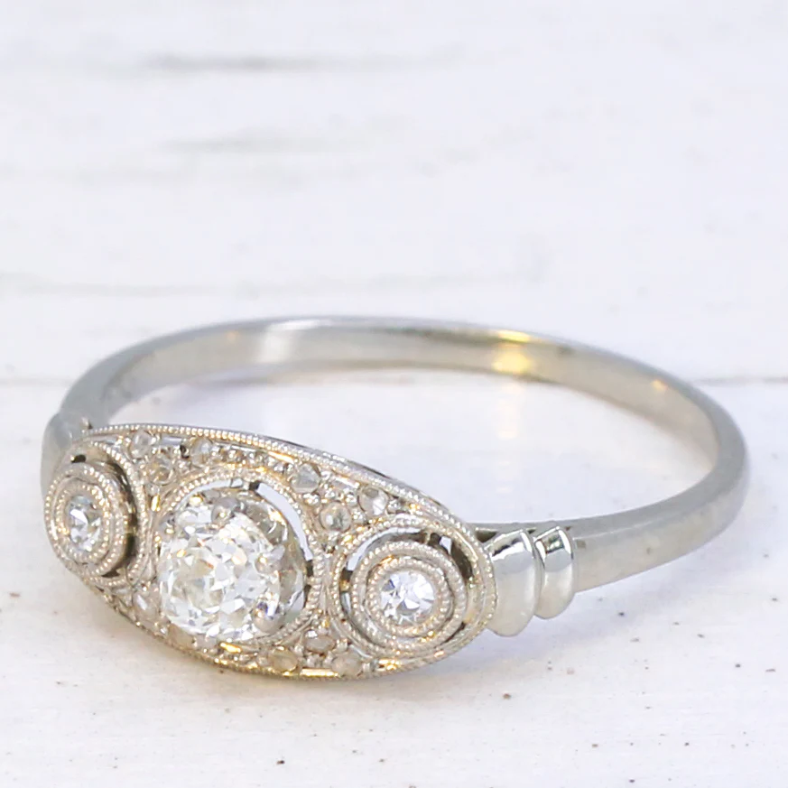 Vintage 0.36 Carat Old Cut Diamond Three Stone Ring, circa 1935
