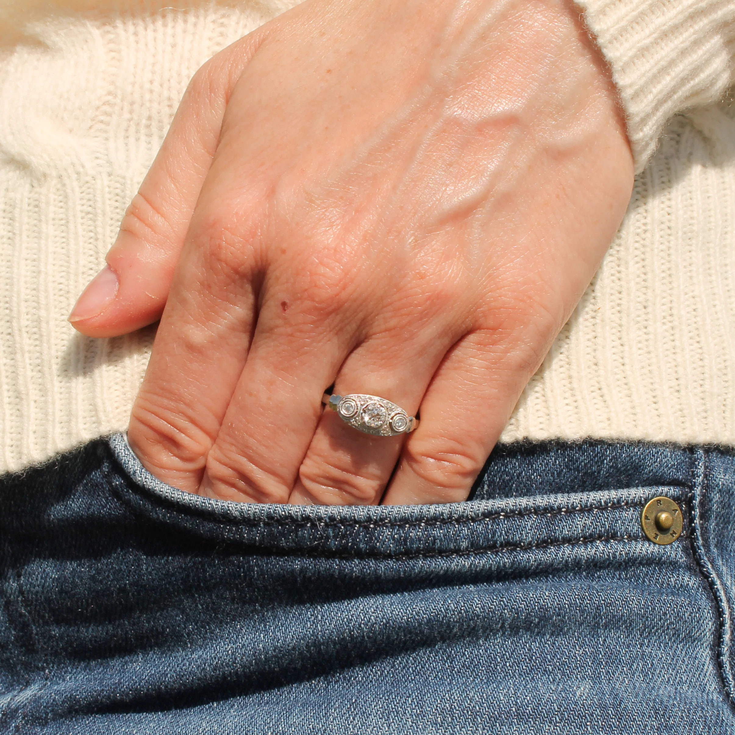 Vintage 0.36 Carat Old Cut Diamond Three Stone Ring, circa 1935 - Image 2