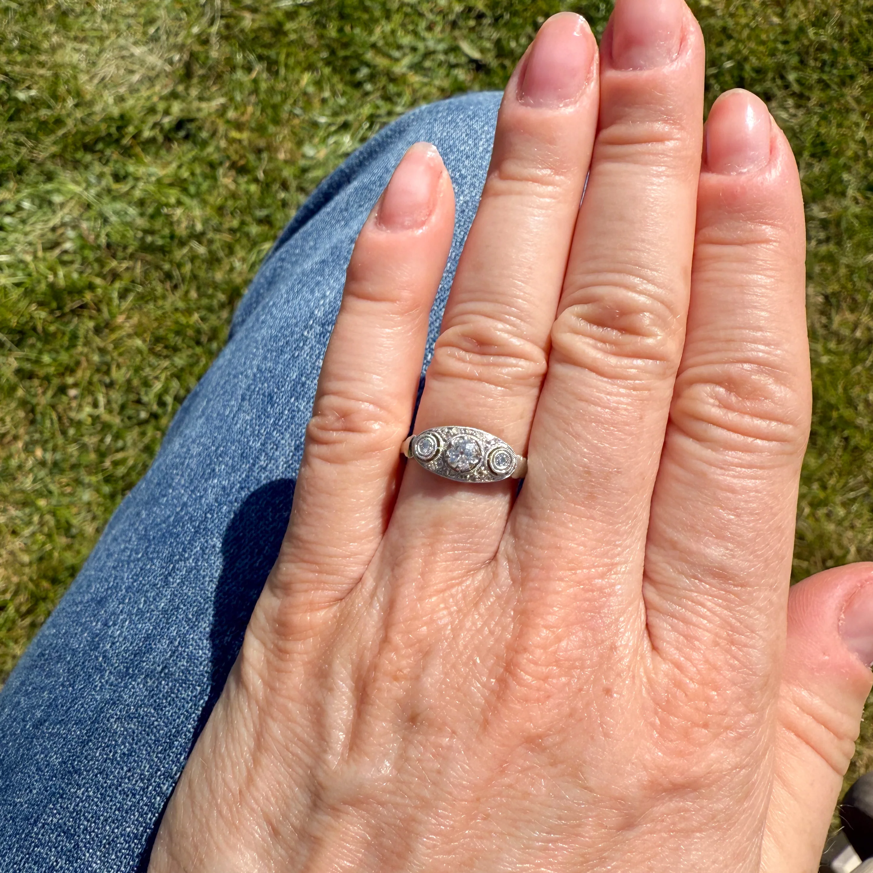 Vintage 0.36 Carat Old Cut Diamond Three Stone Ring, circa 1935 - Image 7