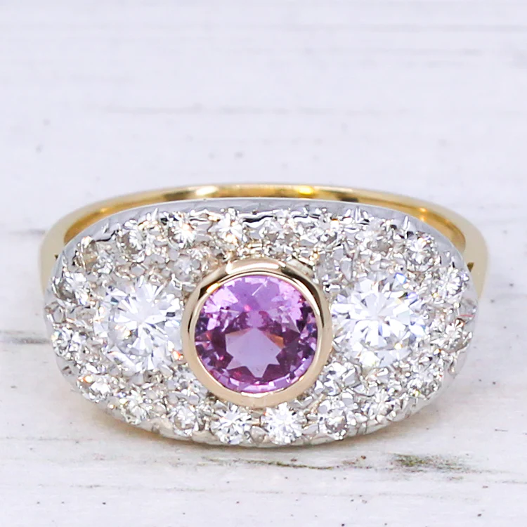 Vintage 1.08 Carat Unheated Pink Sapphire & Diamond Triple Cluster Ring, circa 1970 - Image 3