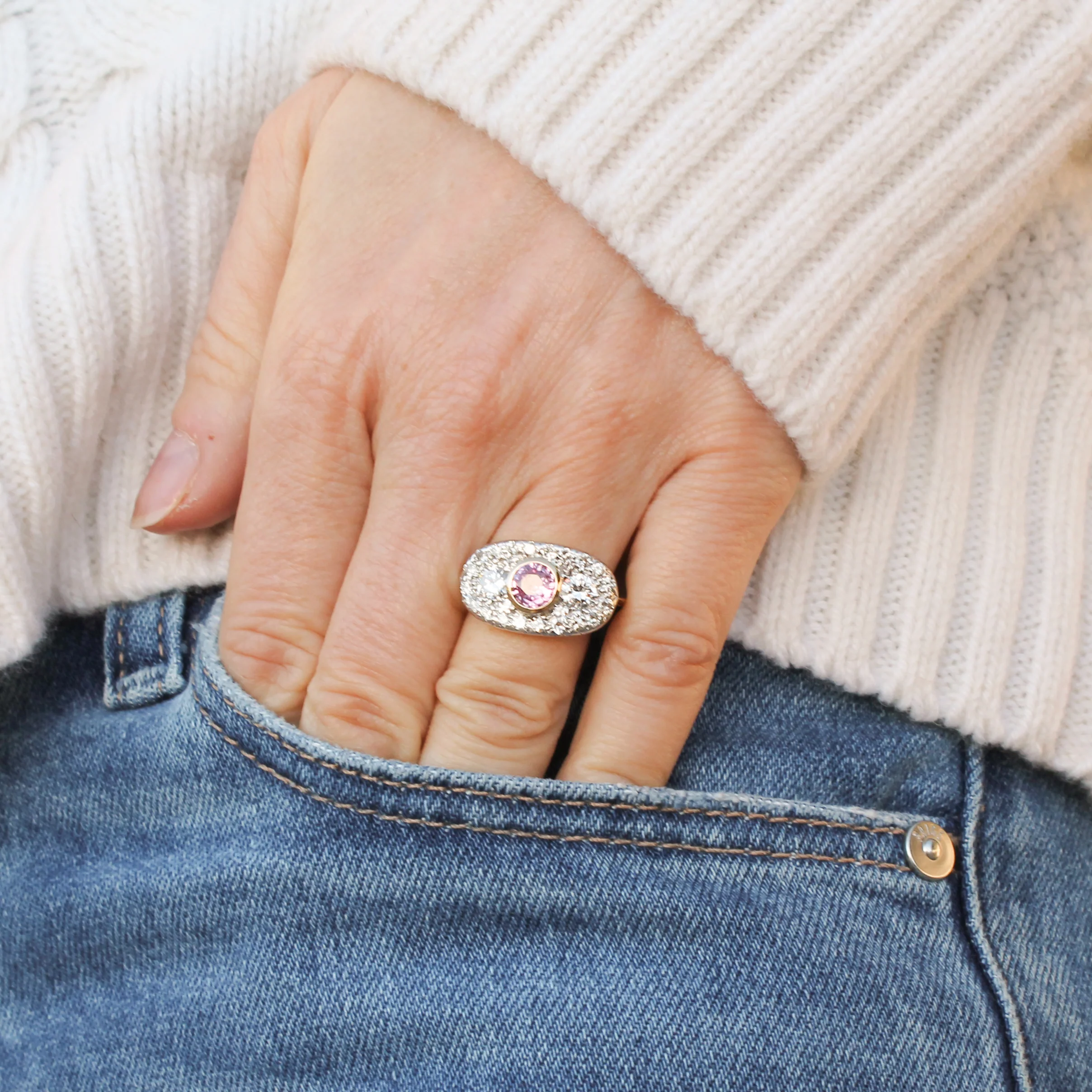Vintage 1.08 Carat Unheated Pink Sapphire & Diamond Triple Cluster Ring, circa 1970 - Image 6