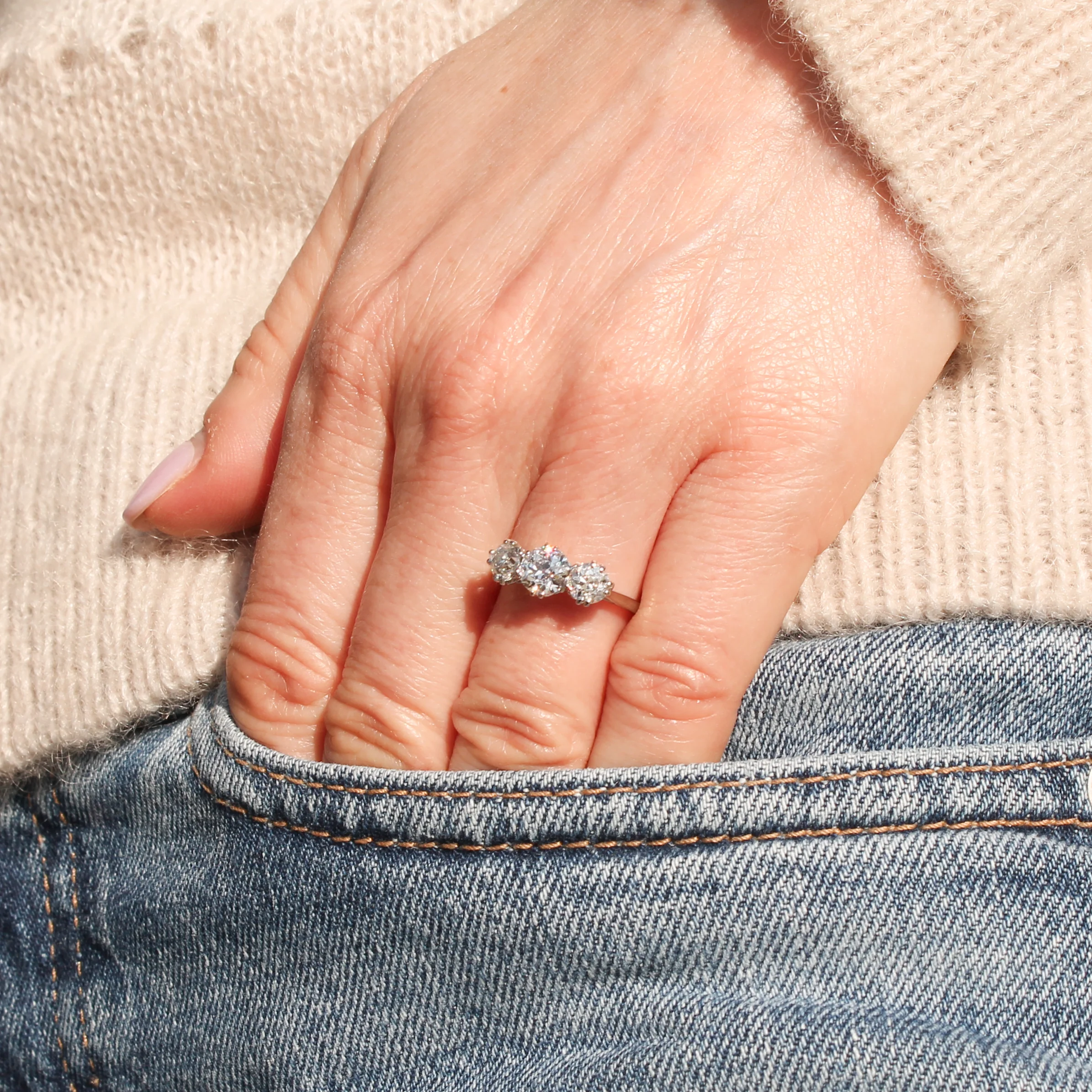 Vintage 1.48 Carat Old Cut Diamond Three Stone Ring, circa 1930 - Image 2