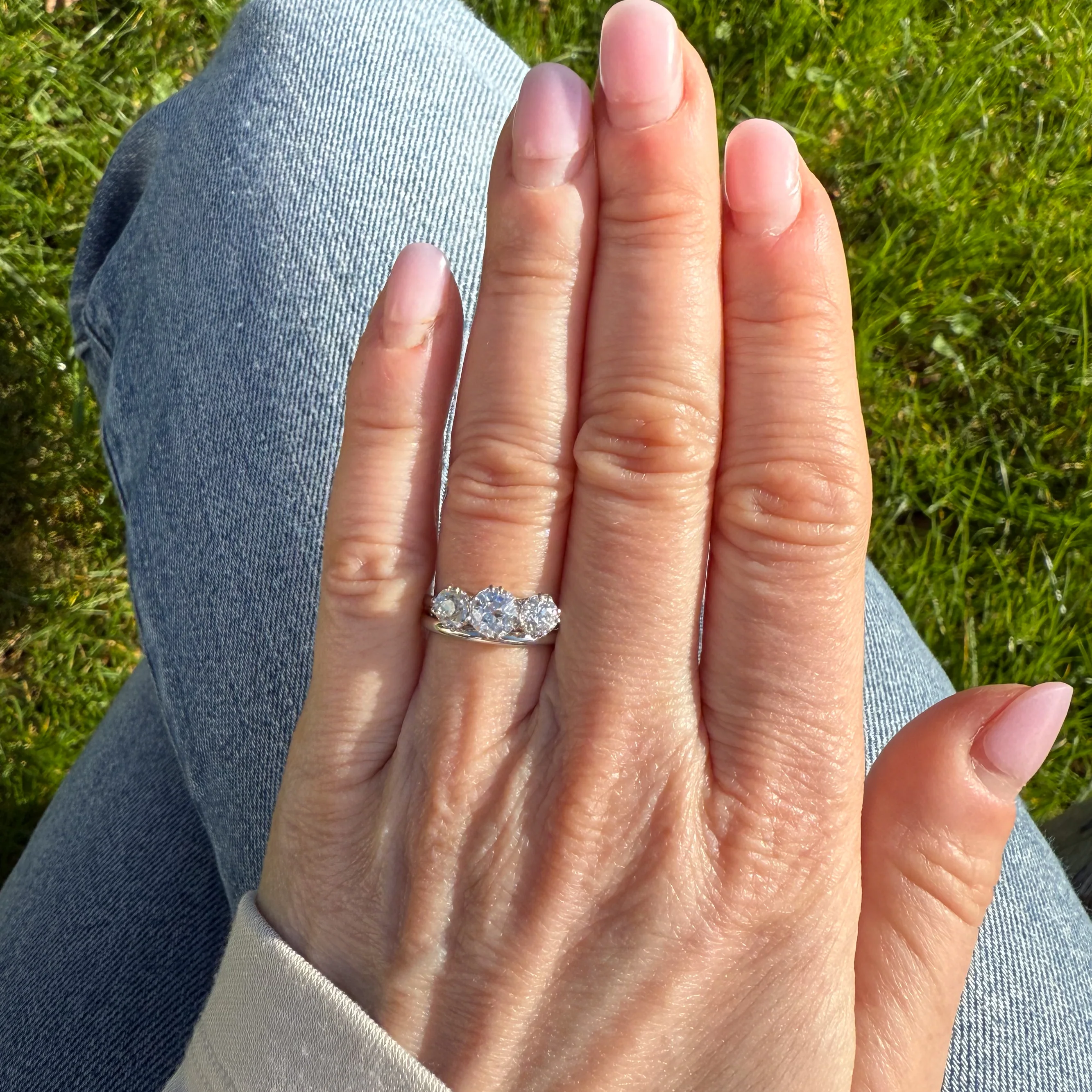 Vintage 1.48 Carat Old Cut Diamond Three Stone Ring, circa 1930 - Image 7