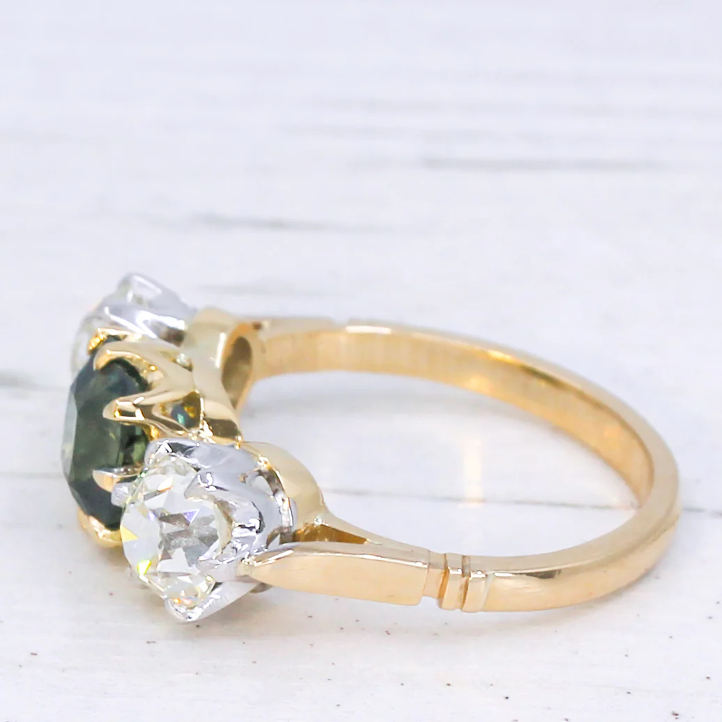 Vintage 2.05 Carat Teal Sapphire & Old Cut Diamond Three Stone Ring, circa 1950 - Image 4