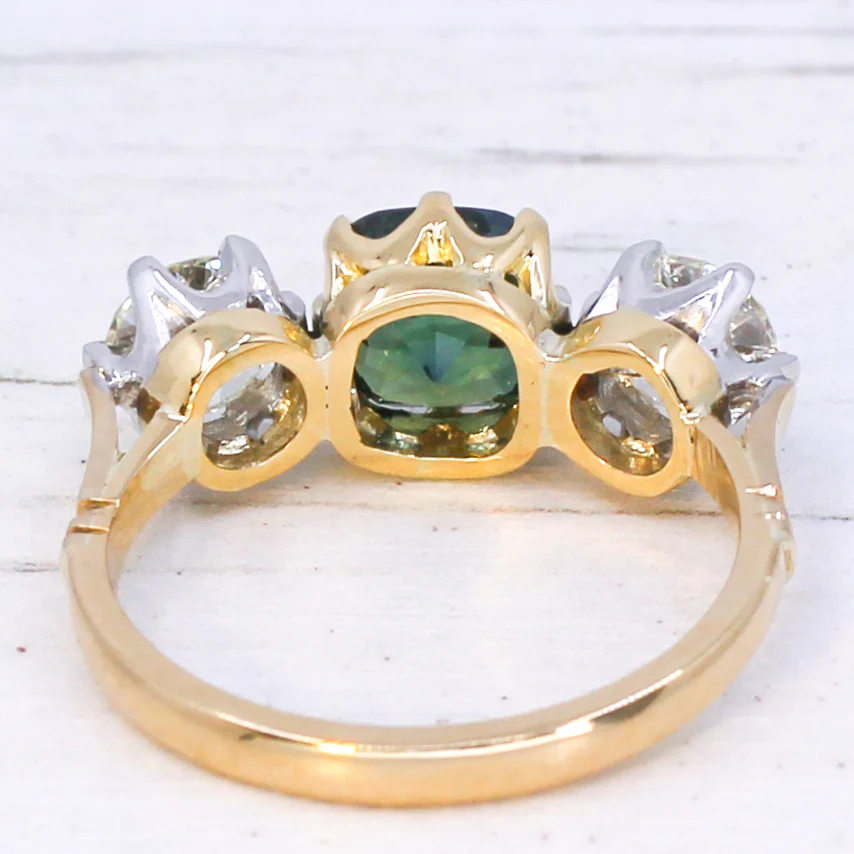 Vintage 2.05 Carat Teal Sapphire & Old Cut Diamond Three Stone Ring, circa 1950 - Image 5