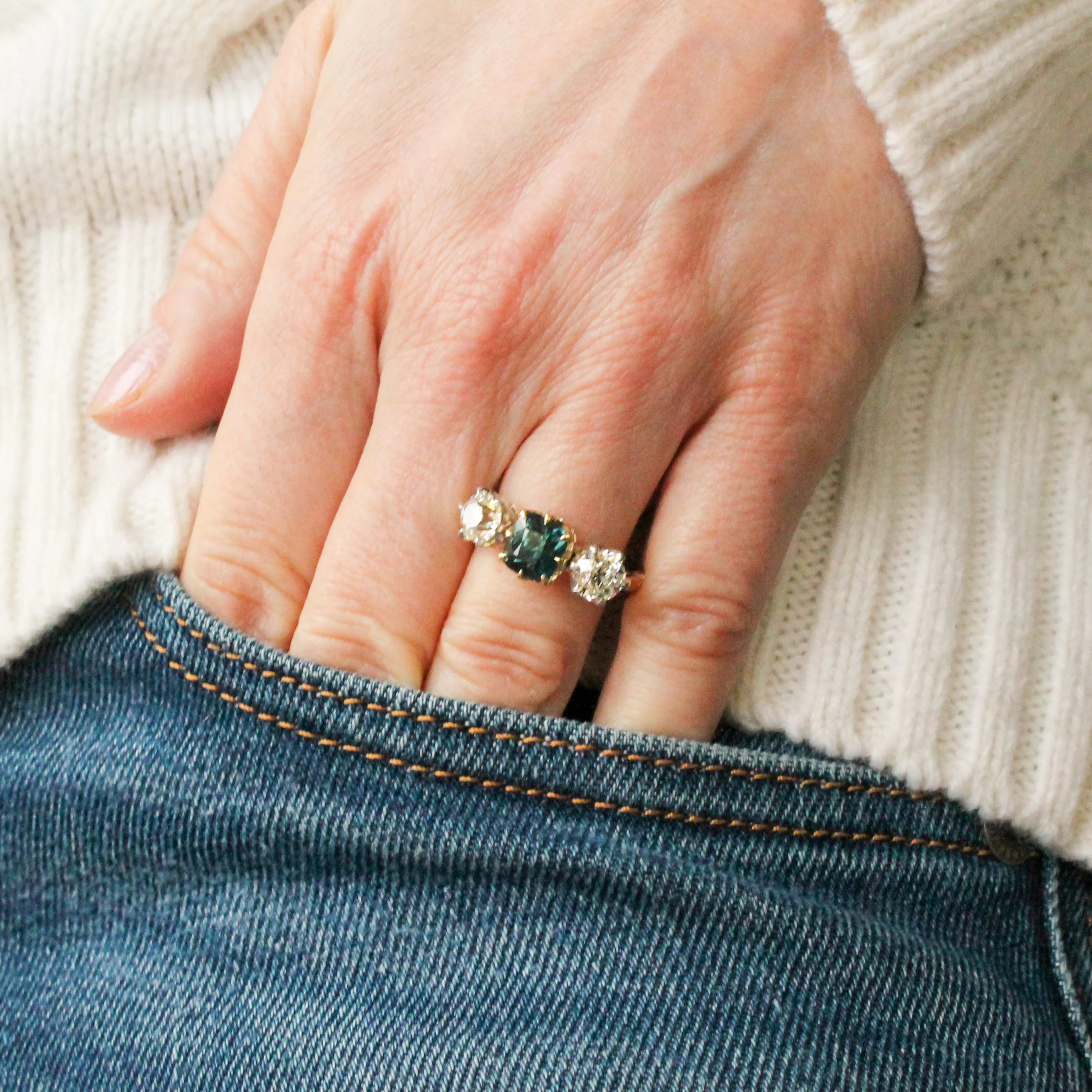 Vintage 2.05 Carat Teal Sapphire & Old Cut Diamond Three Stone Ring, circa 1950 - Image 6