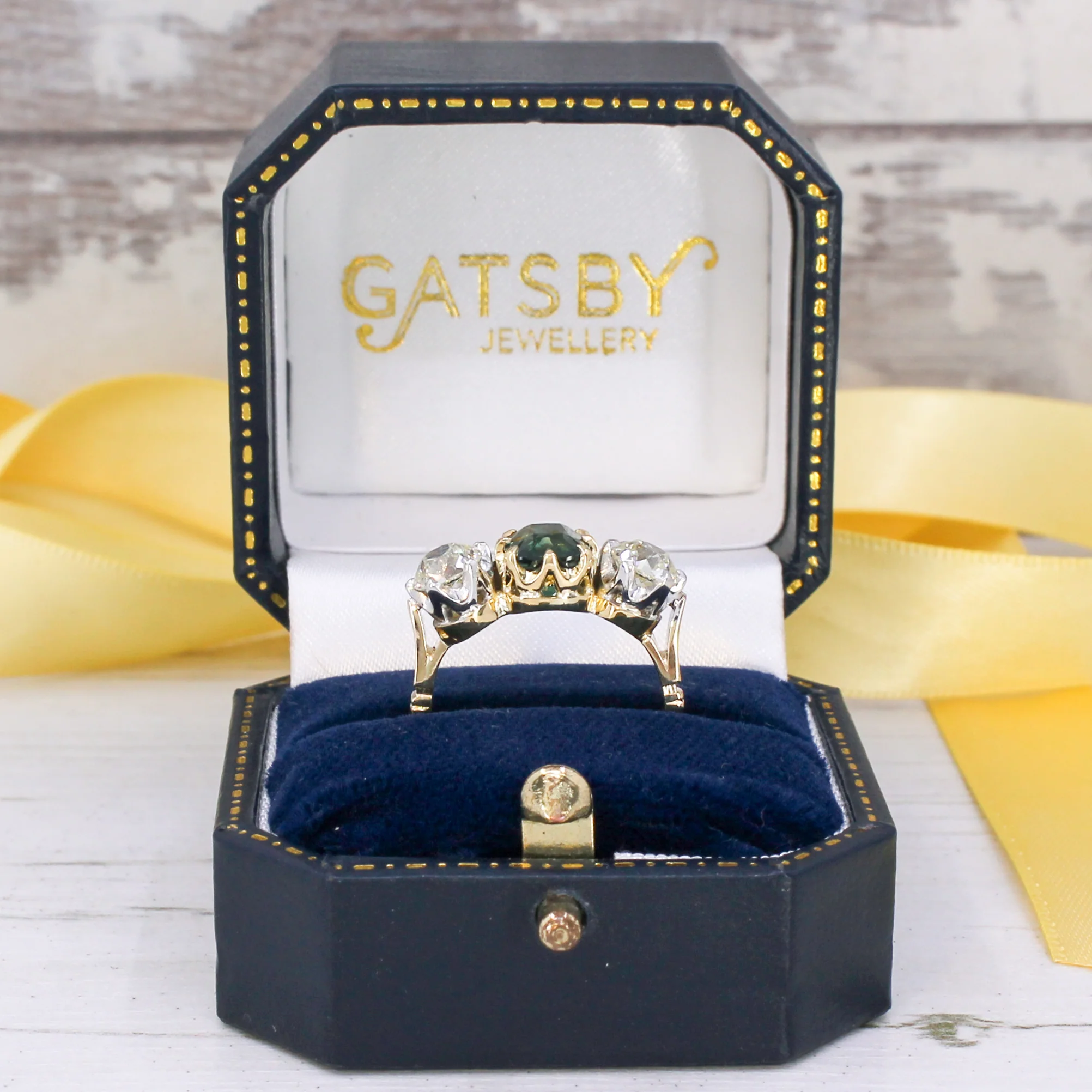 Vintage 2.05 Carat Teal Sapphire & Old Cut Diamond Three Stone Ring, circa 1950 - Image 8