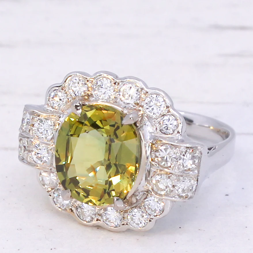Vintage 3.40 Carat Green Sapphire & Diamond Cluster Ring, circa 1970