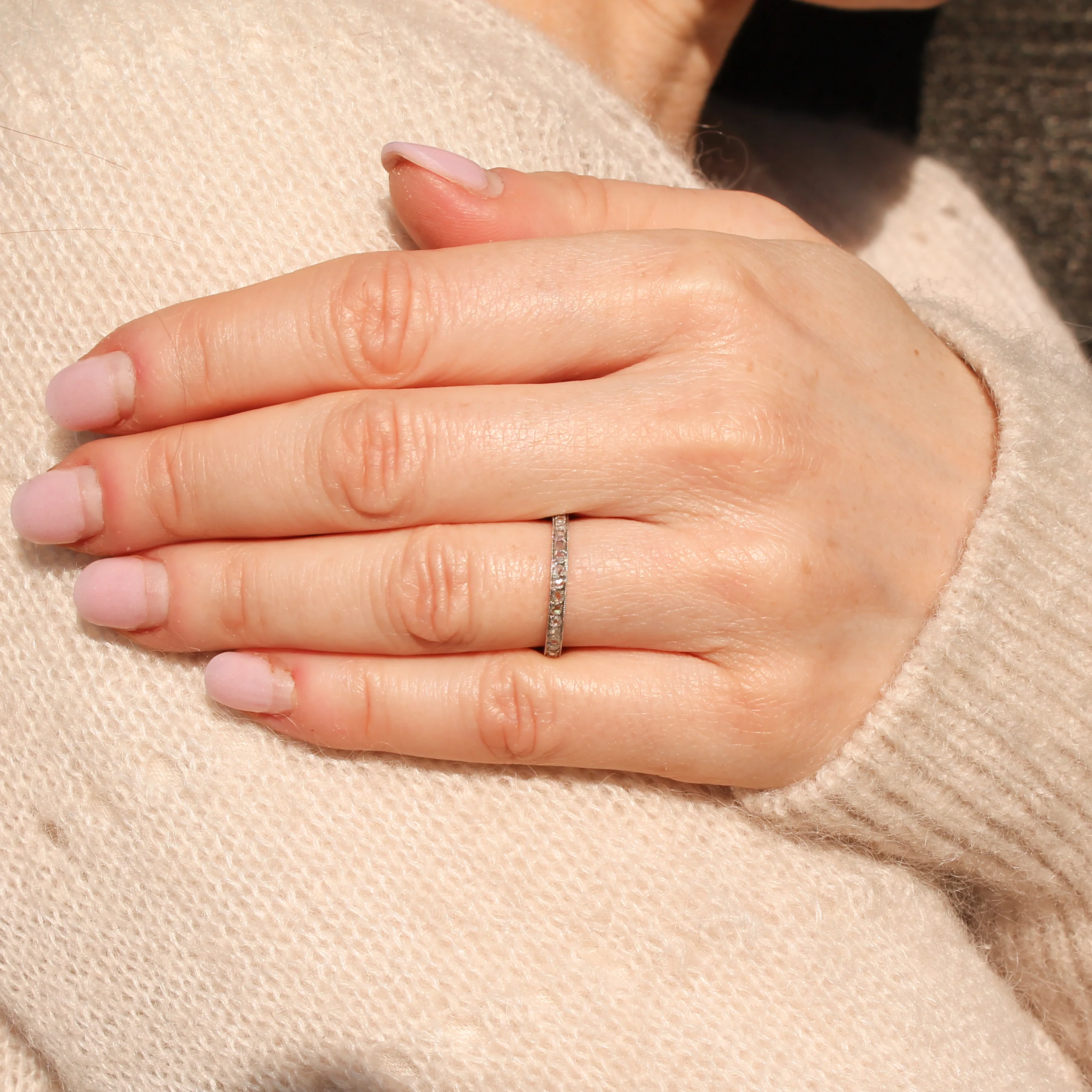 Vintage Rose Cut Diamond White Gold Full Eternity Ring, size J - Image 4