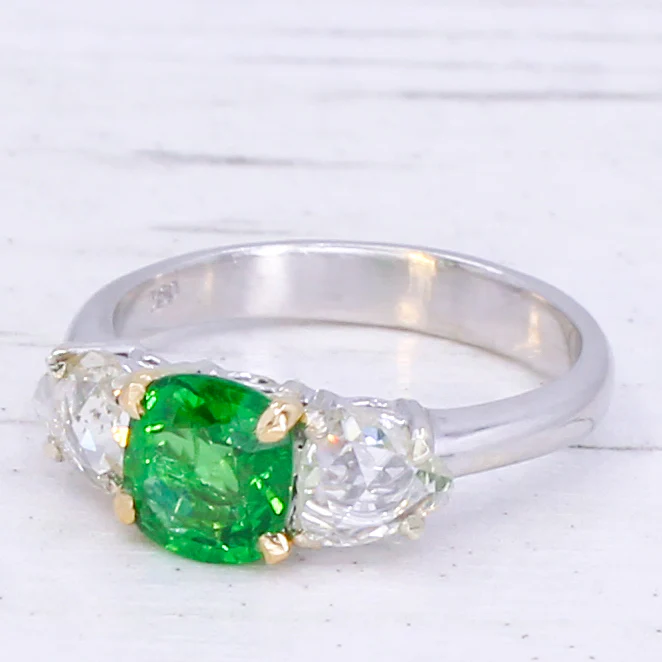 Vintage Tsavorite Garnet & Rose Cut Diamond Three Stone Ring, circa 1980