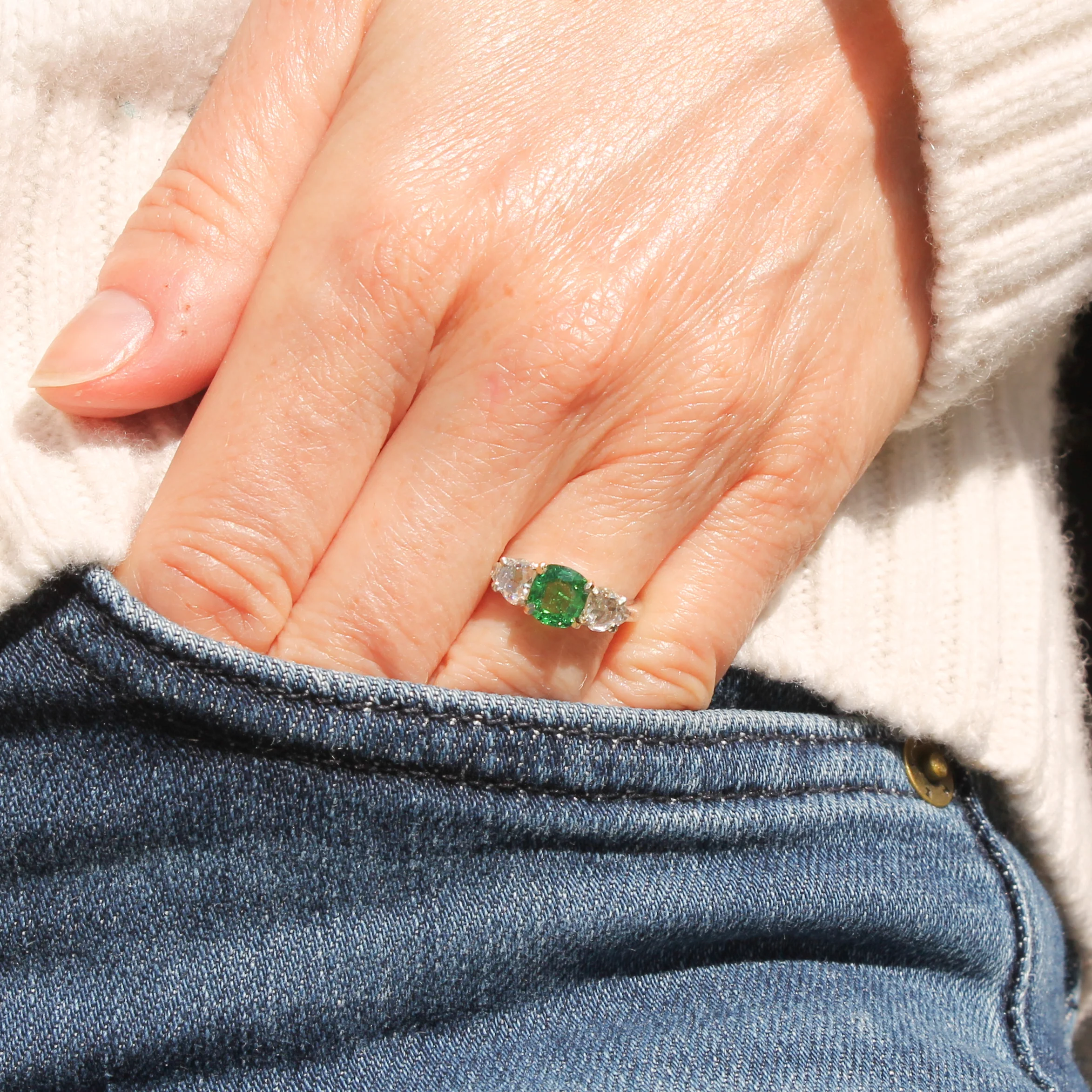 Vintage Tsavorite Garnet & Rose Cut Diamond Three Stone Ring, circa 1980 - Image 2