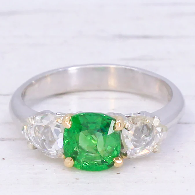 Vintage Tsavorite Garnet & Rose Cut Diamond Three Stone Ring, circa 1980 - Image 3