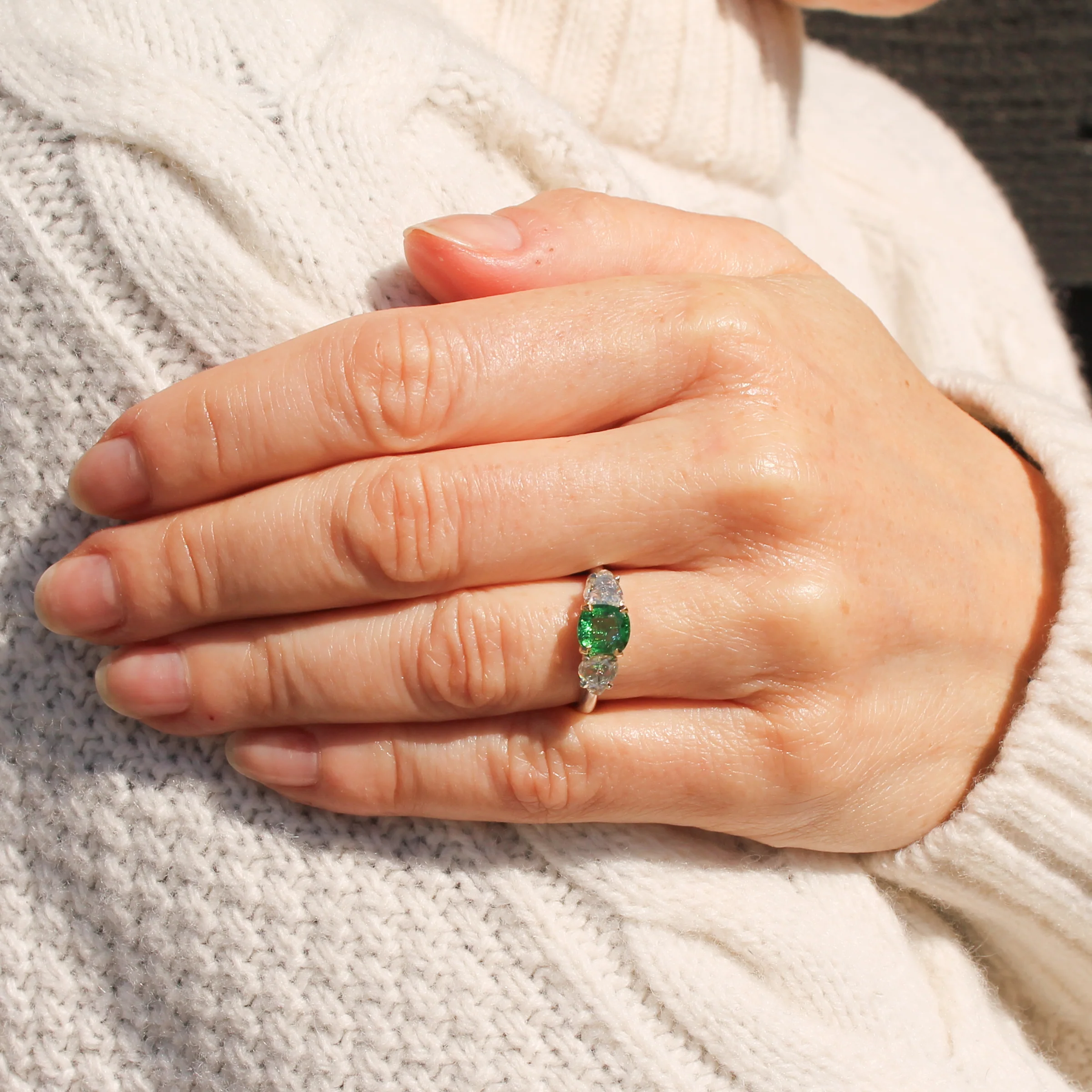 Vintage Tsavorite Garnet & Rose Cut Diamond Three Stone Ring, circa 1980 - Image 6