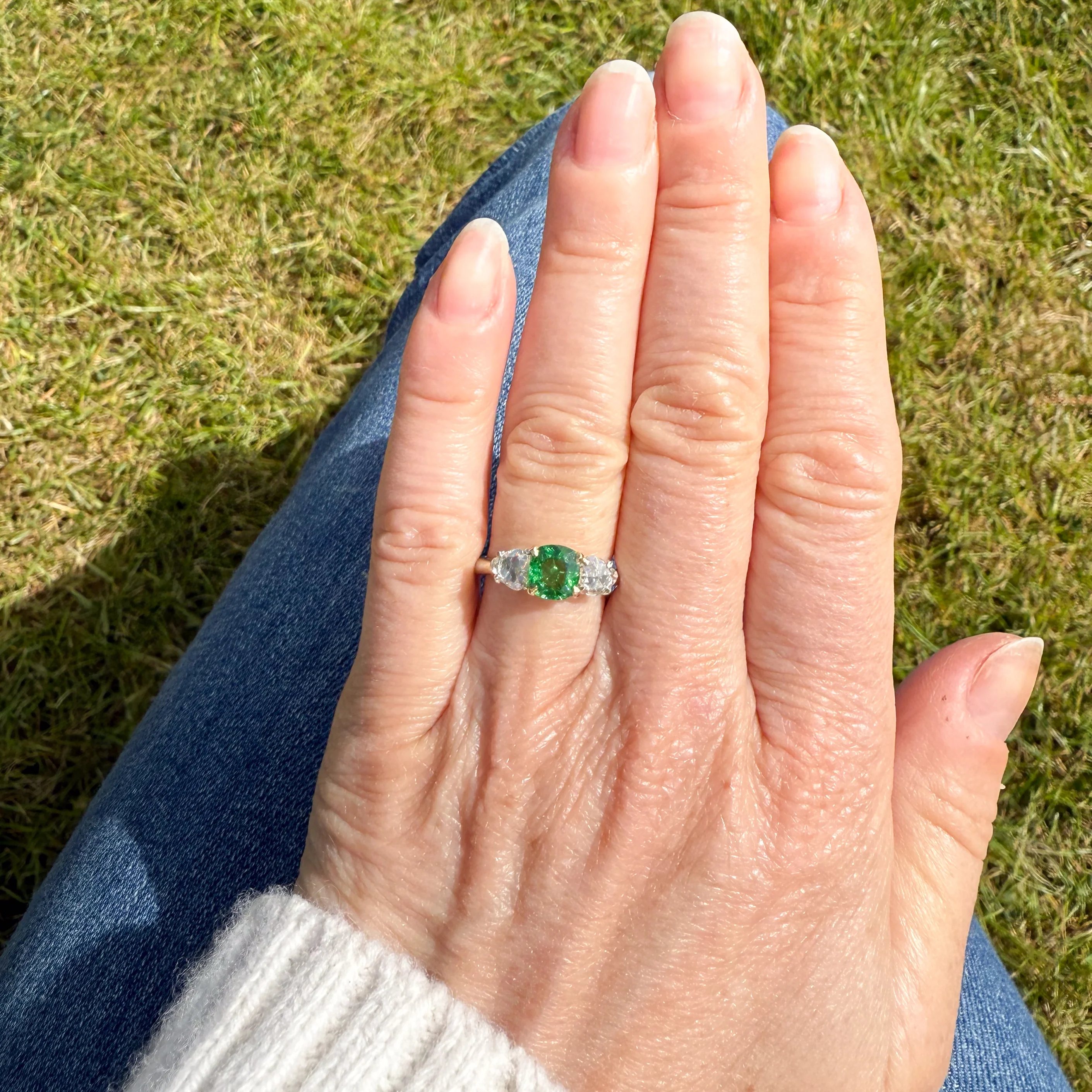 Vintage Tsavorite Garnet & Rose Cut Diamond Three Stone Ring, circa 1980 - Image 7